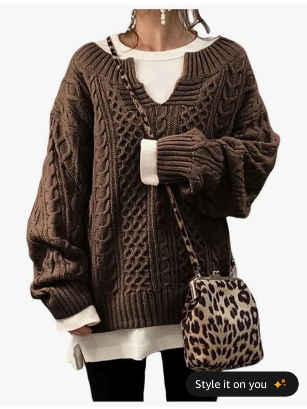Chunky Cable Knit V-Neck Sweater - Brown
